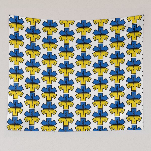 Item preview, Ukraine Ukrainian Flag with Tryzubs behind Chicago Skyline EMS Star of Life  designed and sold by FireEMSDesigns.