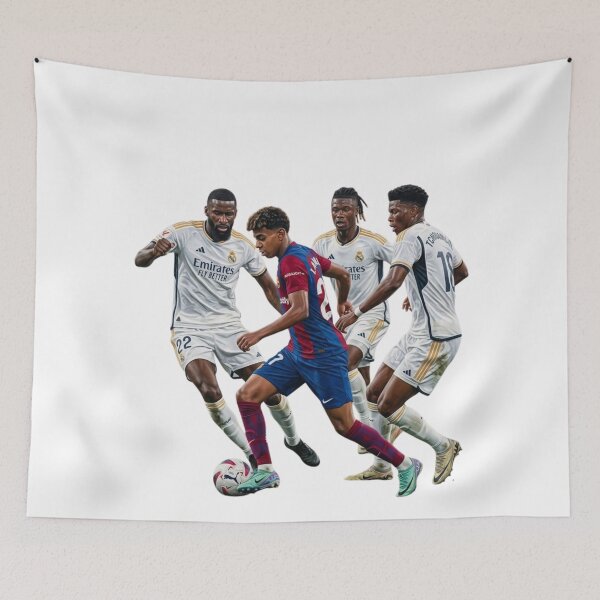 Item preview, Lamine Yamal Dribbling Against Real Madrid Defense - El Clasico Football Poster designed and sold by annaarthk.