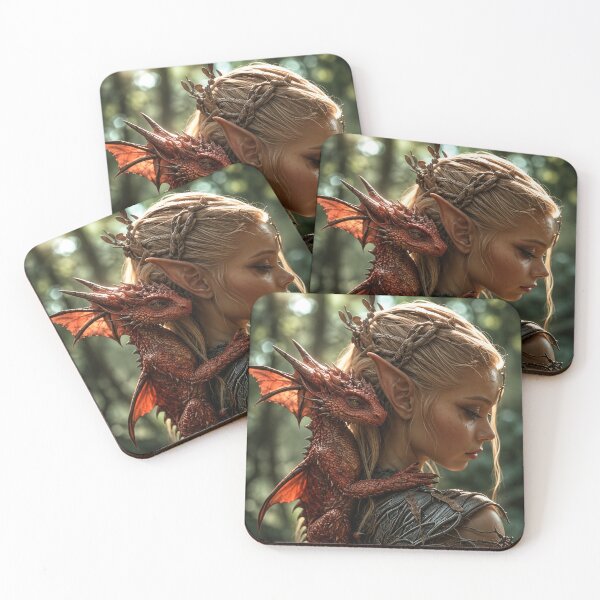 Item preview, Elven Woman and Red Dragon Companion – Enchanted Forest Fantasy Art designed and sold by DrakariArt.