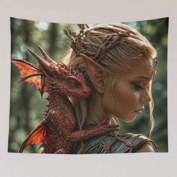 Item preview, Elven Woman and Red Dragon Companion – Enchanted Forest Fantasy Art designed and sold by DrakariArt.