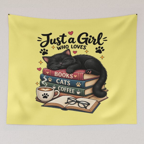 Item preview, Just A Girl Who Loves Books Cats and Coffee - Cute Black Cat Retro Art designed and sold by SilverLook48.