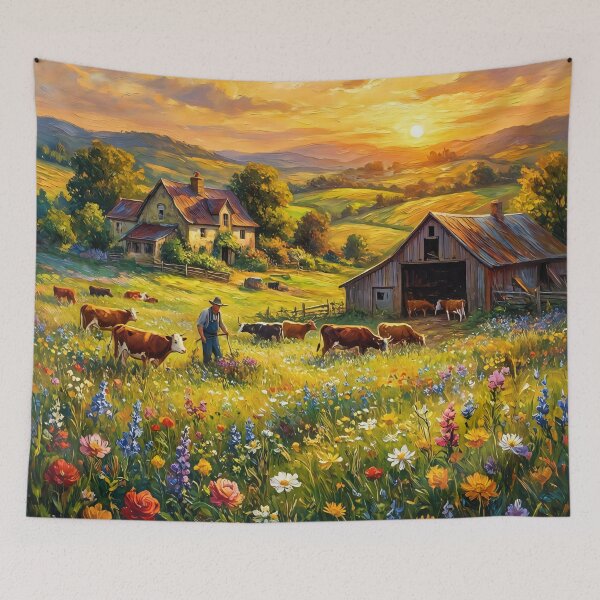Item preview, Golden Hour Countryside Farmstead Painting designed and sold by MoonwoodStudio.