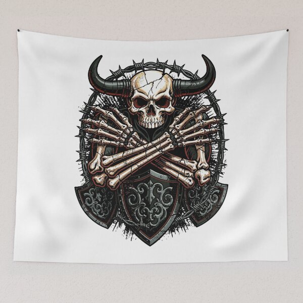 Item preview, Gritty Horned Skull Barbed Wire Shield Art designed and sold by Romgora.