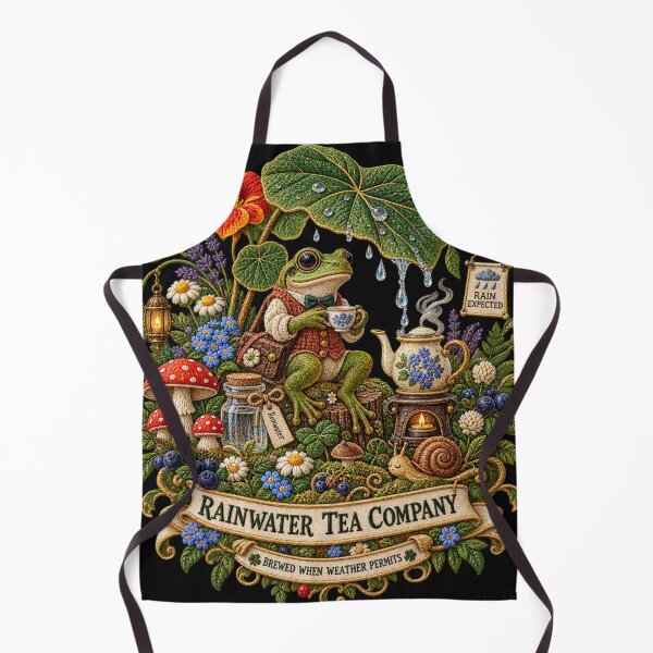 Artikelvorschau, Frosch-Cottagecore-Stickerei – Verspielte Waldkunst der Rainwater Tea Company entworfen und verkauft von Emoji Emblems.
