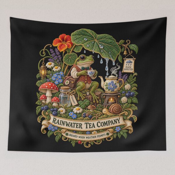 Item preview, Frog Cottagecore Embroidery – Rainwater Tea Company Whimsical Woodland Art designed and sold by Emoji Emblems.