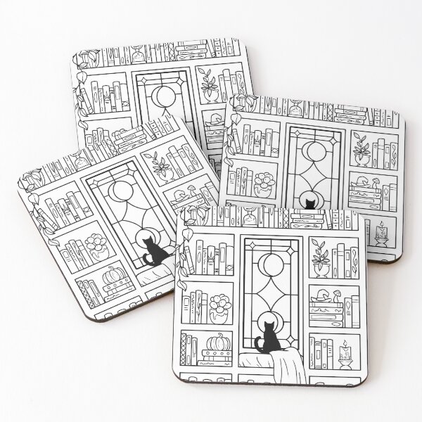 Item preview, Cozy Library with Cat - black lineart designed and sold by Ellen Wilberg.