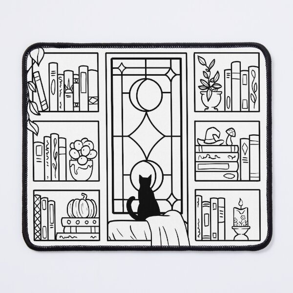 Item preview, Cozy Library with Cat - black lineart designed and sold by Ellen Wilberg.