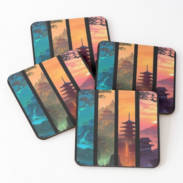 Item preview, Japanese Landscape Four Seasons – Pagoda Mountain Sunset Asian Nature Art designed and sold by anemiche.