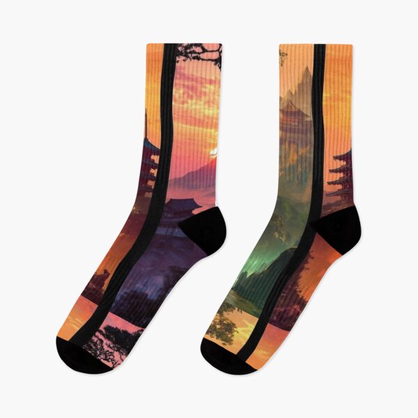 Item preview, Japanese Landscape Four Seasons – Pagoda Mountain Sunset Asian Nature Art designed and sold by anemiche.