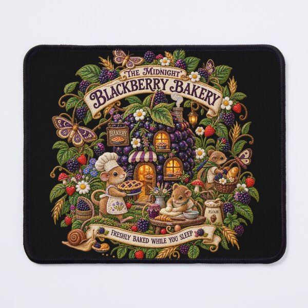 Item preview, Cottagecore Mouse Bakery Embroidery – Midnight Blackberry Bakery Woodland Art designed and sold by Emoji Emblems.