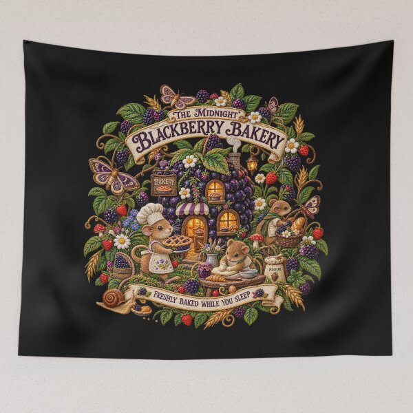 Item preview, Cottagecore Mouse Bakery Embroidery – Midnight Blackberry Bakery Woodland Art designed and sold by Emoji Emblems.
