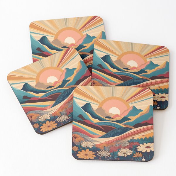 Item preview, Fall sunset illustration, mountain landscape painting, daisies flowers field, warm Autumn colours rolling hills, teal, burgundy, beige landscape painting  designed and sold by navitalidesign.