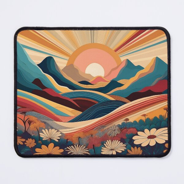 Item preview, Fall sunset illustration, mountain landscape painting, daisies flowers field, warm Autumn colours rolling hills, teal, burgundy, beige landscape painting  designed and sold by navitalidesign.