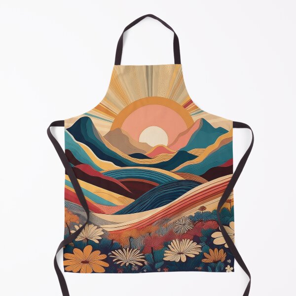 Item preview, Fall sunset illustration, mountain landscape painting, daisies flowers field, warm Autumn colours rolling hills, teal, burgundy, beige landscape painting  designed and sold by navitalidesign.