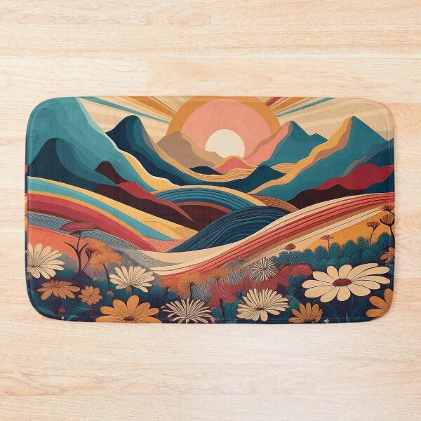 Item preview, Fall sunset illustration, mountain landscape painting, daisies flowers field, warm Autumn colours rolling hills, teal, burgundy, beige landscape painting  designed and sold by navitalidesign.