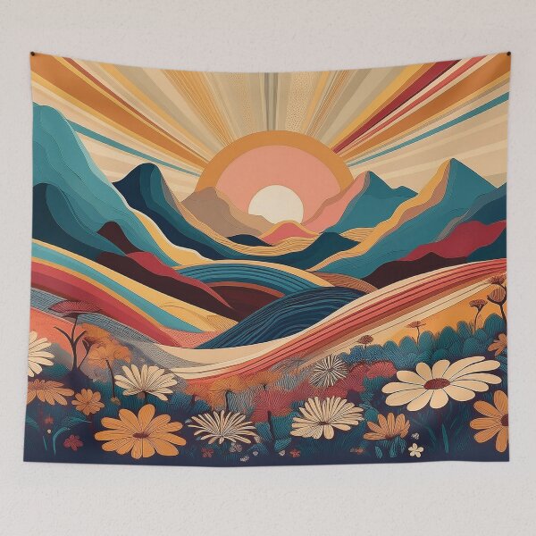 Item preview, Fall sunset illustration, mountain landscape painting, daisies flowers field, warm Autumn colours rolling hills, teal, burgundy, beige landscape painting  designed and sold by navitalidesign.