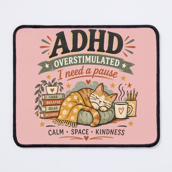 Item preview, ADHD Overstimulated I Need a Pause Cozy Cat Quote designed and sold by Marti’s Shop Corner.
