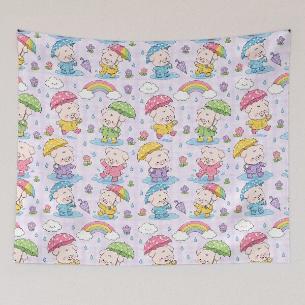 Item preview, Kawaii Piggy Rainbow Rain Pattern designed and sold by Soft Berry Studio.