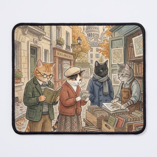 Item preview, Reading cats at an antique book stall in Paris, watercolor designed and sold by TheCoolCatsMx.