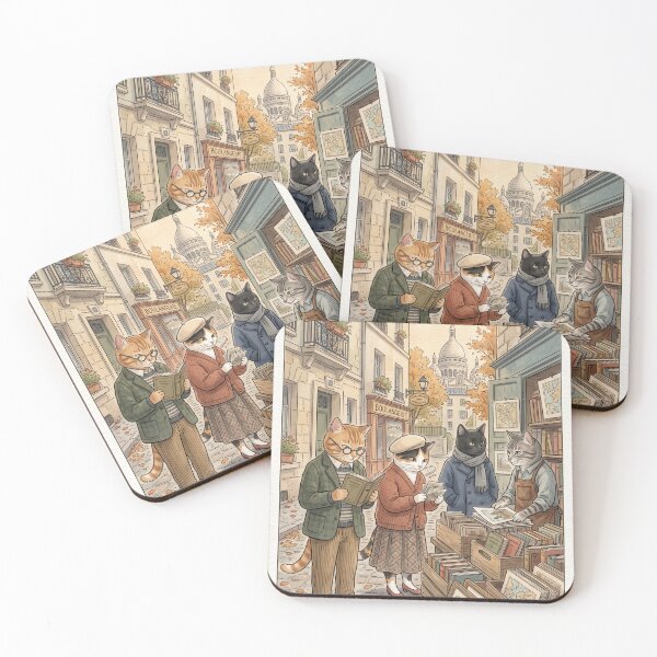 Item preview, Reading cats at an antique book stall in Paris, watercolor designed and sold by TheCoolCatsMx.