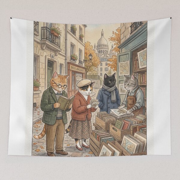 Item preview, Reading cats at an antique book stall in Paris, watercolor designed and sold by TheCoolCatsMx.