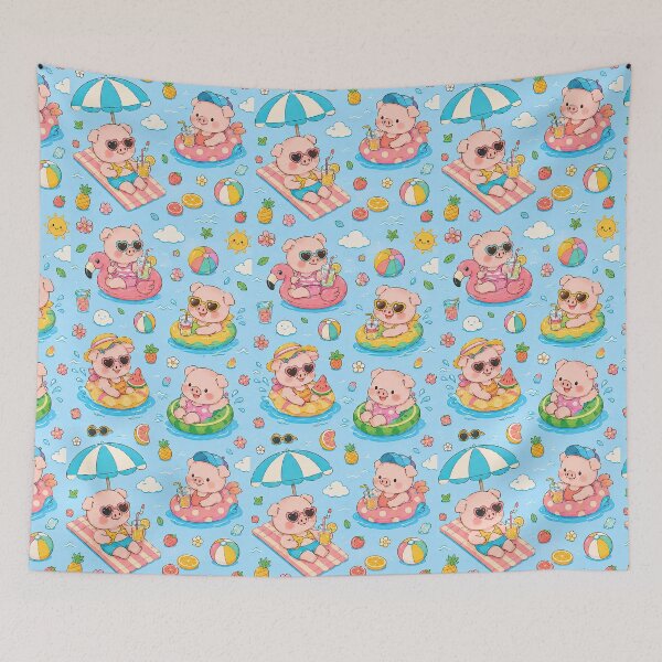 Item preview, Kawaii Piggy Pool Party Pattern designed and sold by Soft Berry Studio.