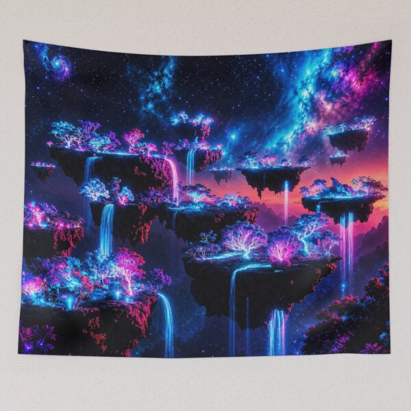 Item preview, Cosmic Floating Islands Neon Waterfall Galaxy Art designed and sold by Nexus Space.