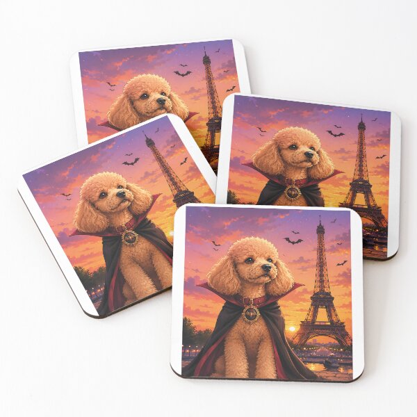 Item preview, Vampire poodle in front of the Eiffel Tower at sunset designed and sold by Nomad-Paws.