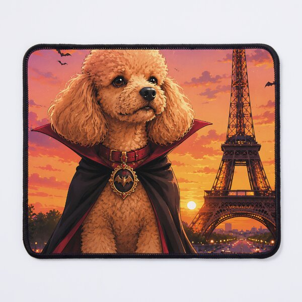 Item preview, Vampire poodle in front of the Eiffel Tower at sunset designed and sold by Nomad-Paws.