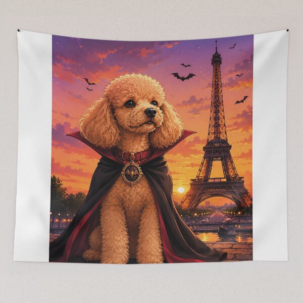 Item preview, Vampire poodle in front of the Eiffel Tower at sunset designed and sold by Nomad-Paws.
