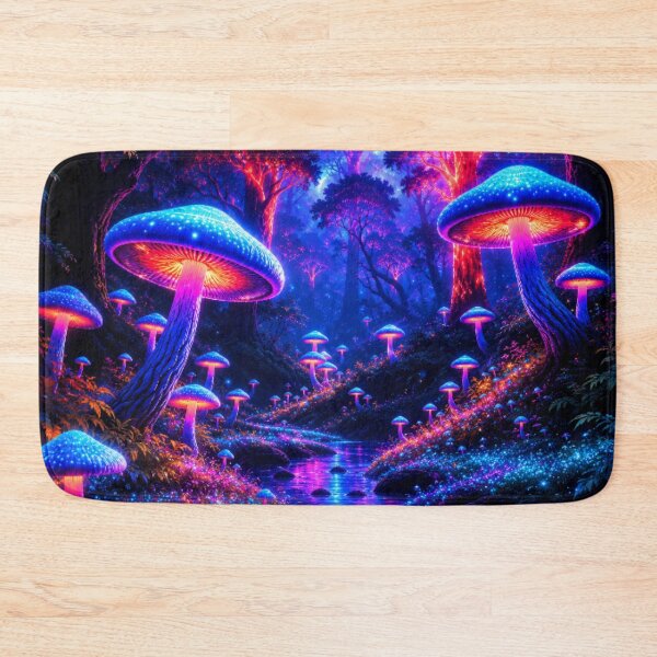 Item preview, Bioluminescent Neon Mushroom Forest River Nightscape designed and sold by Nexus Space.