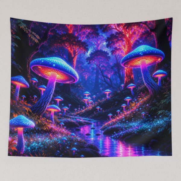 Item preview, Bioluminescent Neon Mushroom Forest River Nightscape designed and sold by Nexus Space.
