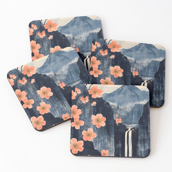 Item preview, Mount Fuji Sakura Waterfall Japanese Minimal Blossom Cliffscape designed and sold by mildaclairmo.