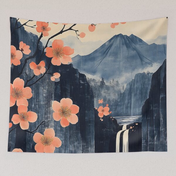 Item preview, Mount Fuji Sakura Waterfall Japanese Minimal Blossom Cliffscape designed and sold by mildaclairmo.