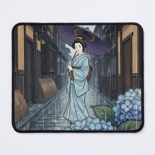 Item preview, Geisha with Hydrangea in Rainy Kyoto designed and sold by TokyoUkiyoHouse.