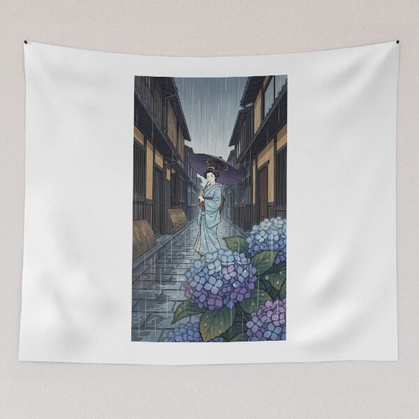 Item preview, Geisha with Hydrangea in Rainy Kyoto designed and sold by TokyoUkiyoHouse.