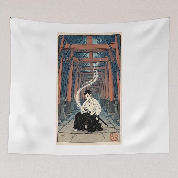Item preview, Samurai Meditating at Torii Gate Shrine designed and sold by TokyoUkiyoHouse.