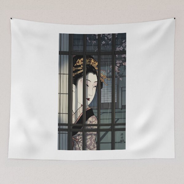 Item preview, Geisha Behind Lattice Window in Rain designed and sold by TokyoUkiyoHouse.