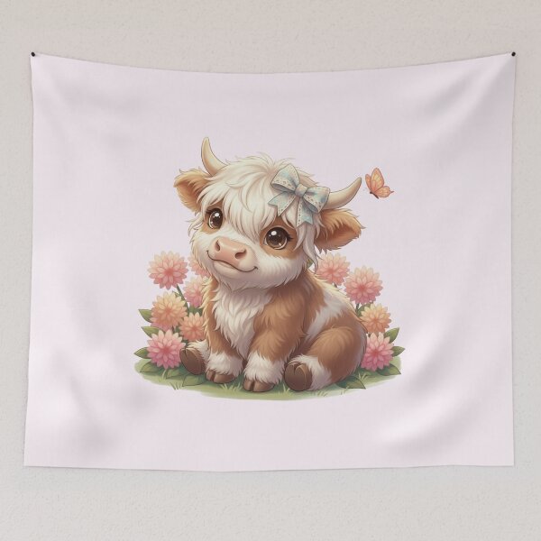 Item preview, Highland Cow with Dahlias designed and sold by HumTumMe.