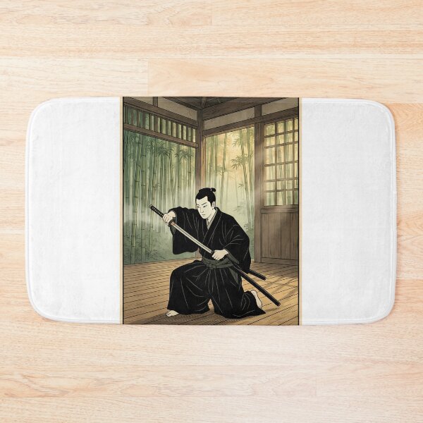 Item preview, Samurai Drawing Katana in Dojo with Bamboo Forest Ukiyo-e designed and sold by TokyoUkiyoHouse.