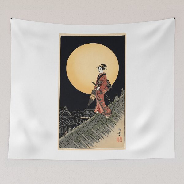 Artikelvorschau, Japanische Frau spaziert bei Vollmond auf einem Dach (Ukiyo-e) entworfen und verkauft von TokyoUkiyoHouse.