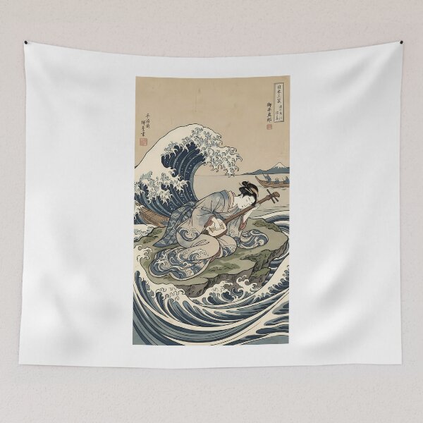Item preview, Japanese Geisha with Shamisen on Wave Ukiyo-e Art designed and sold by TokyoUkiyoHouse.