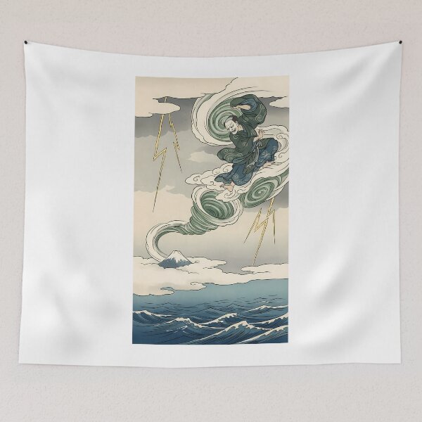 Item preview, Japanese Thunder God Ukiyo-e Art with Mount Fuji Storm designed and sold by TokyoUkiyoHouse.