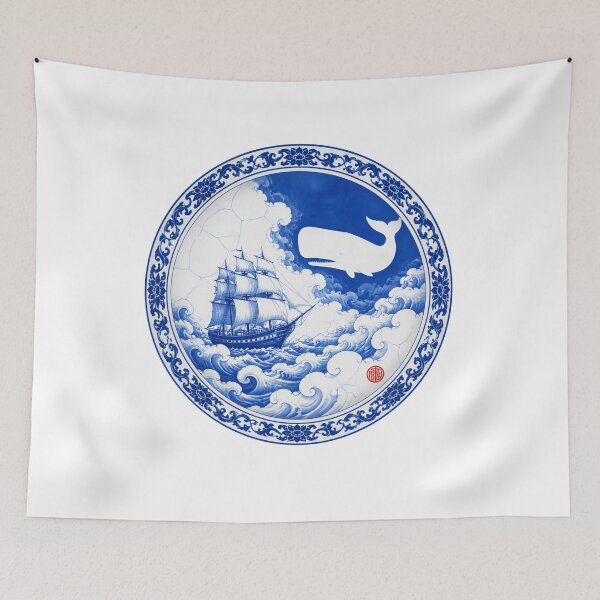 Item preview, Moby Dick Porcelain Voyage - Cobalt Ship and Whale designed and sold by Fenay Designs.