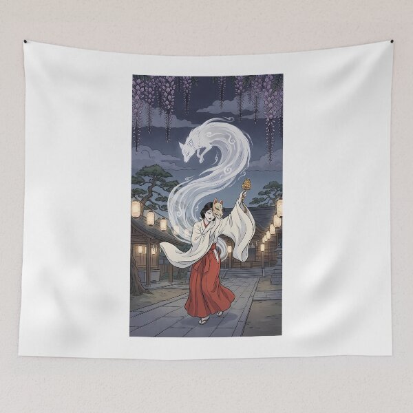 Item preview, Mystical Shinto Miko Shrine Maiden Dancing with Spirit Fox Kitsune - Ukiyo-e Art designed and sold by TokyoUkiyoHouse.