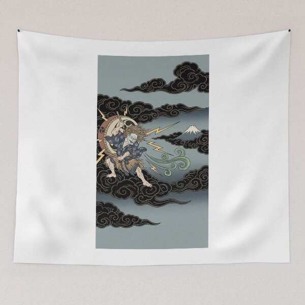 Item preview, Mythical Japanese Storm God Striking Drum with Lightning and Fuji - Ukiyo-e Art designed and sold by TokyoUkiyoHouse.