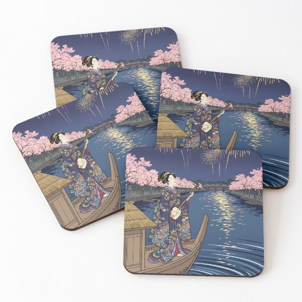 Item preview, Beautiful Geisha Playing Shamisen on Boat Under Fireworks and Sakura - Ukiyo-e Art designed and sold by TokyoUkiyoHouse.