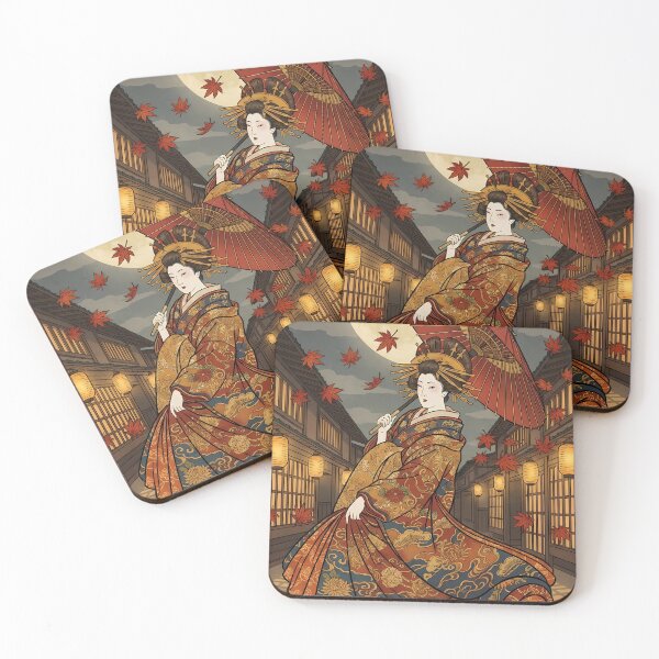 Item preview, Beautiful Oiran Geisha Dancing with Red Umbrella Under Full Moon - Ukiyo-e Art designed and sold by TokyoUkiyoHouse.