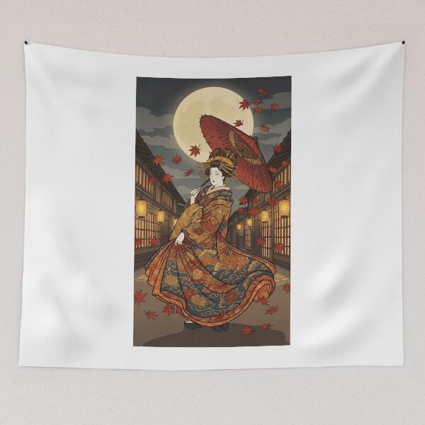 Item preview, Beautiful Oiran Geisha Dancing with Red Umbrella Under Full Moon - Ukiyo-e Art designed and sold by TokyoUkiyoHouse.