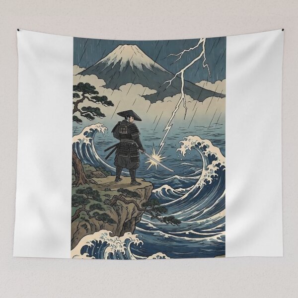 Item preview, Samurai Striking Lightning Bolt by Katana with Mt Fuji - Ukiyo-e Art designed and sold by TokyoUkiyoHouse.